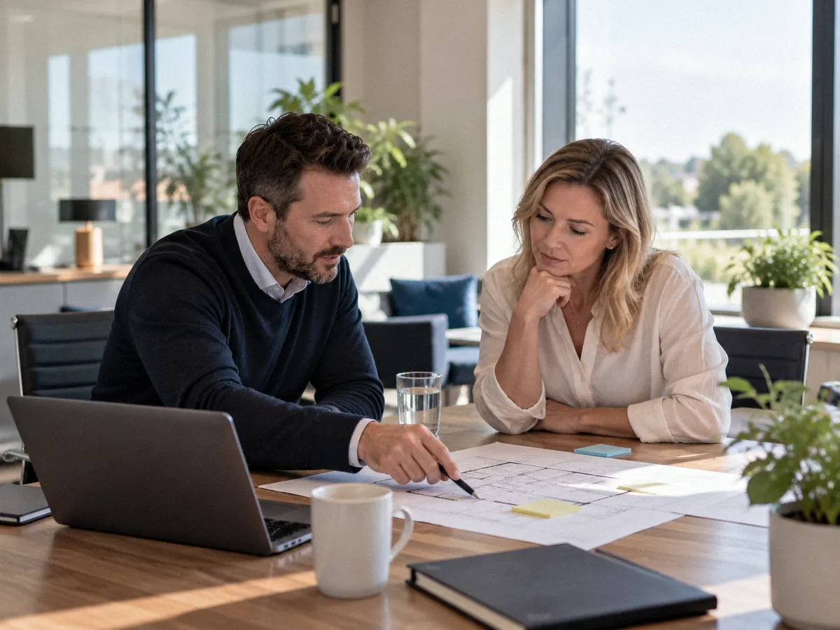 An IT consultant and a business owner planning at a table